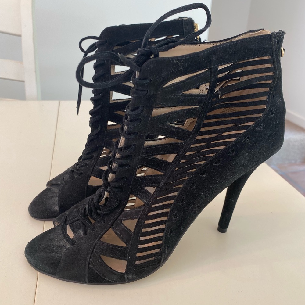 Nine West black NWAngelica lace up gladiator high heeled sandals, size 8